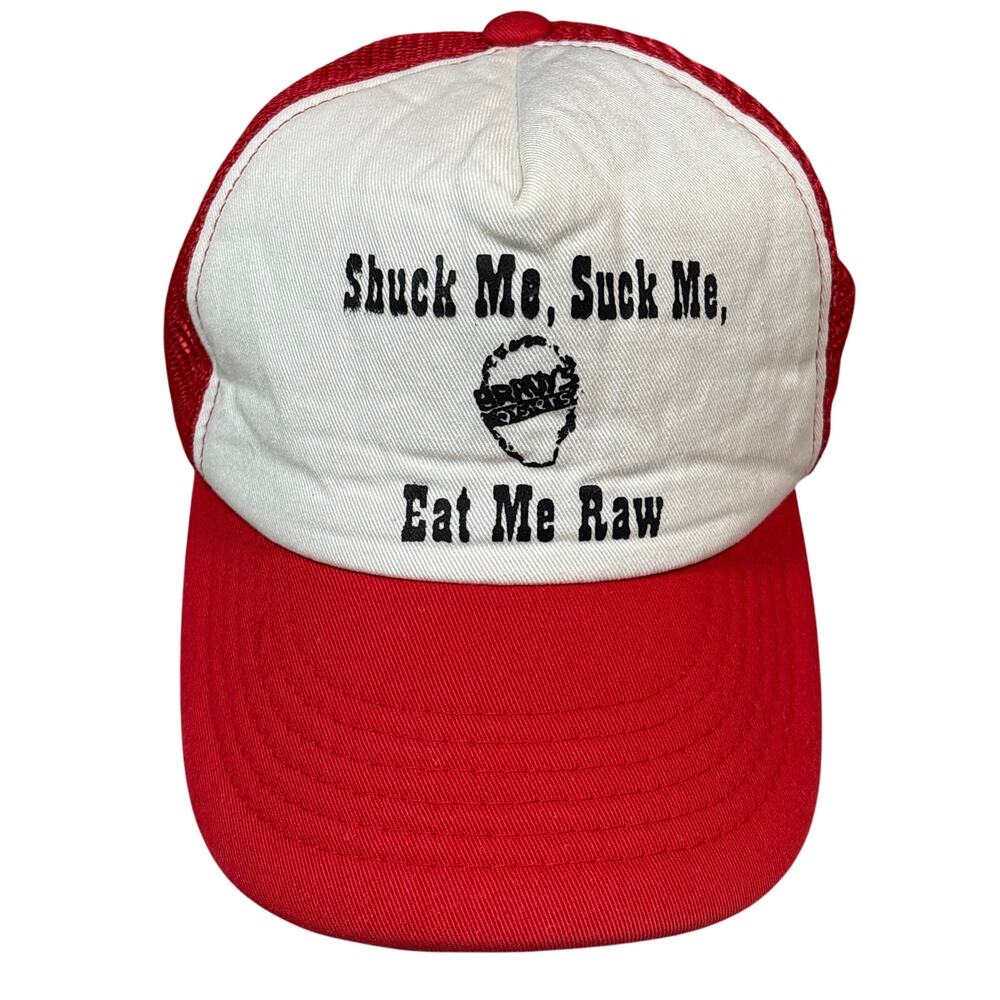 Vtg Shuck Me Suck Me Eat Me Raw Oyster red blue trucker hat novelty cap SnapBack